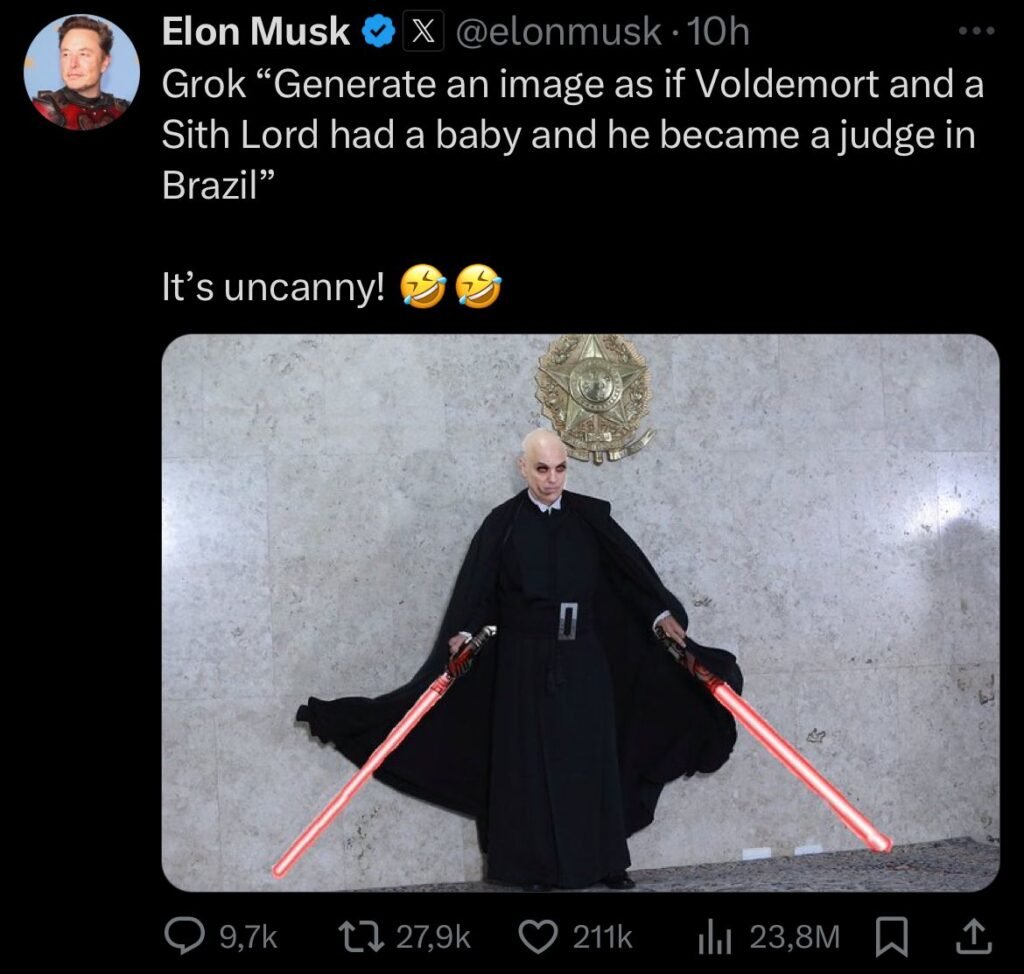 Musk posta foto de Moraes como vilão de Star Wars após ser intimado por ministro